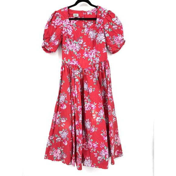 Laura Ashley Dresses & Skirts - VTG Laura Ashley Puff Sleeve Dress Apx Sz L Red Floral Print Sweetheart Neckline